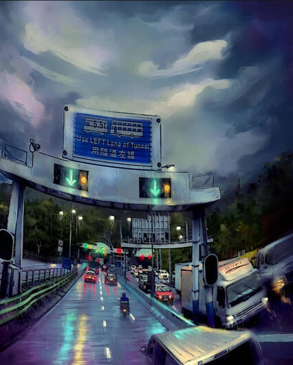 Digital painting of a rainy road in Hong Kong