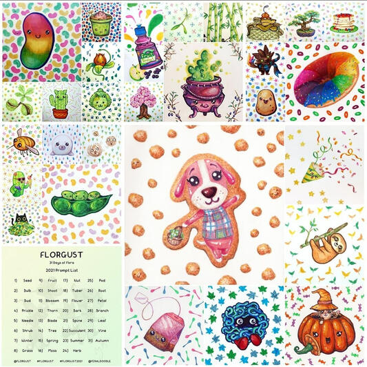 Florgust 2021 collage of marker drawings following prompts from #Florgust2021