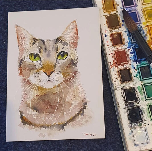 watercolour painting of a brown tabby cat