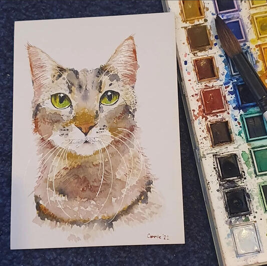 watercolour painting of a brown tabby cat