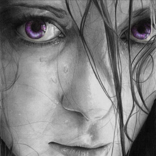 graphite pencil portrait of a woman with purple eyes