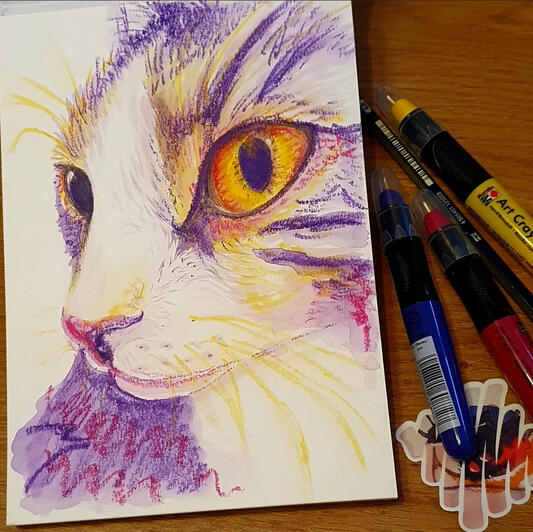 watercolour crayon painting of a tabby cat in purple and yellow