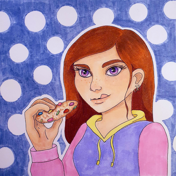 Marker drawing of a girl in a hoodie with red hair eating a rainbow cookie